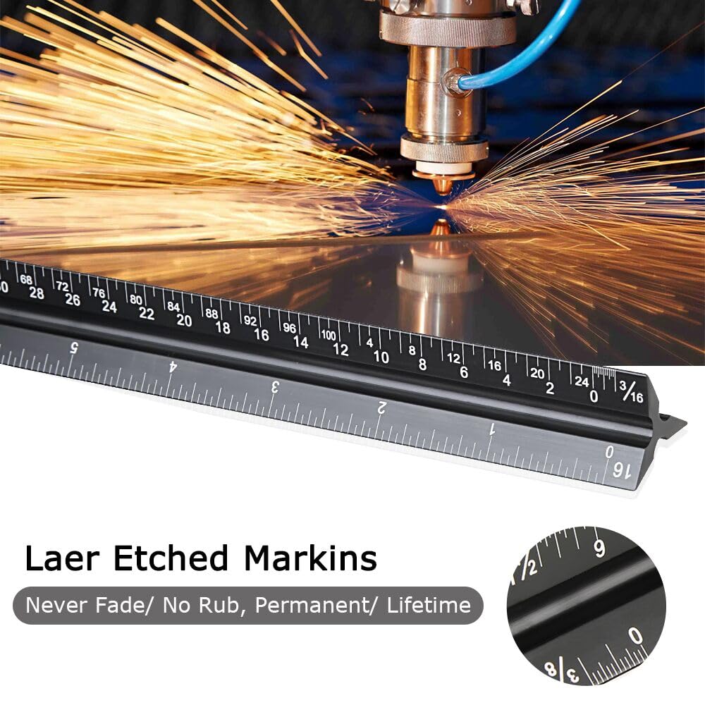 Architectural Scale Ruler 12 Inch, Aluminum Triangular Drafting Ruler