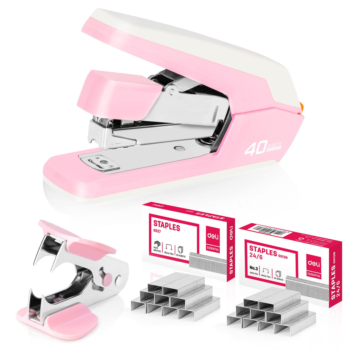 Deli Effortless Desktop Stapler, Heavy Duty Stapler, Pink