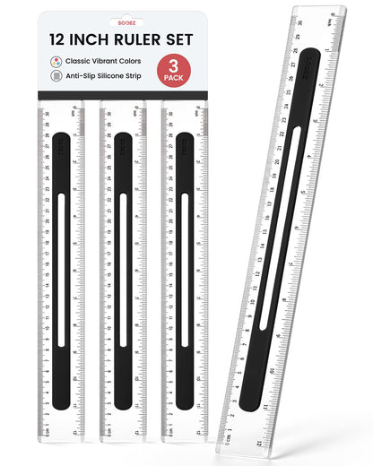 Sooez 3 Pack Ruler 12 Inch, Anti-Slip Clear Rulers for Kids School, Pastels