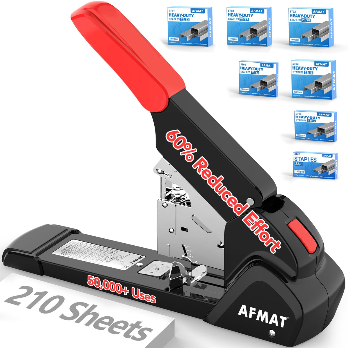 AFMAT ES15 Heavy Duty Stapler, 210 Sheet Staplers for Desk with 7000 Staples, Jam-Free, 50000+ Uses, 60% Reduced Effort, Easy Reload, Adjustable Paper Guide, Large Metal Manual Office Staplers,