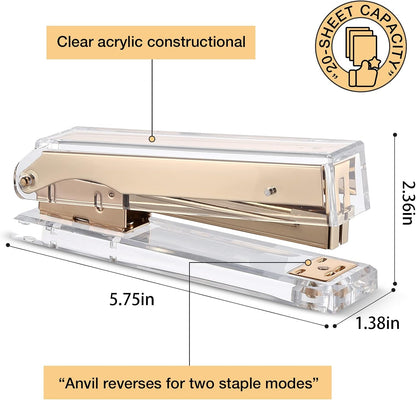 Acrylic Stapler,Clear and Gold-Tone Hardware, Beautiful Desk Accessory for Office Home or School,Takes Standard 24/6 or 26/6 Staples