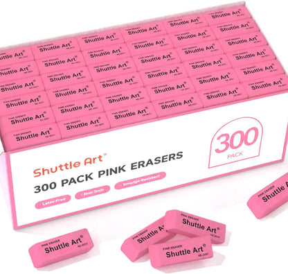 Shuttle Art Pink Erasers, 300 Pack Bulk for School, Office, Latex-Free Soft Erasers for Kids, Teachers as School Supplies