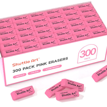 Shuttle Art Pink Erasers, 300 Pack Bulk for School, Office, Latex-Free Soft Erasers for Kids, Teachers as School Supplies