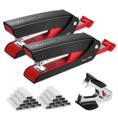 Arrow Office Stapler Set, 25 Sheet Capacity Metal Desk Stapler with 2100 Staples and Staple Remover, Half Strip Design and Non-Slip Base, Spare Staple Storage for Classroom, Office and Home