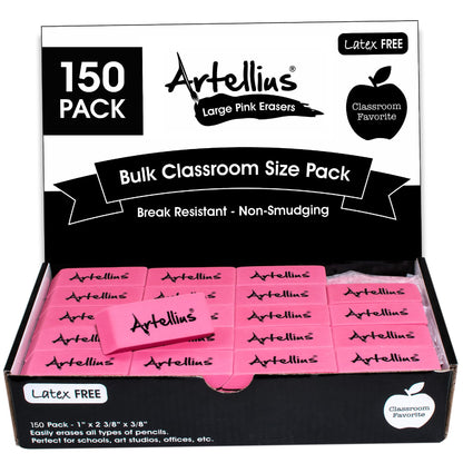 Artellius Pink Erasers | Latex & Smudge Free | Bulk School Supplies | Classrooms, Teachers, Homeschool, Office, Art Class | Large Size (Pack of 100)