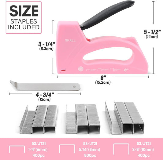 SHALL Light Duty Staple Gun for Wood - Pink Upholstery Staple Gun with 1600pcs JT21 Staples 1/4, 5/16, 3/8 inch and Staple Remover - Women Staple Gun for Crafts, Fabric Stapler Gun for DIY, Decoration