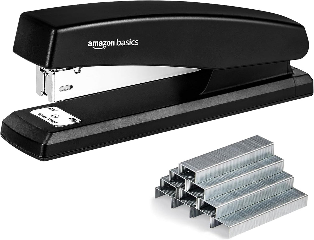 Amazon Basics Office Stapler with 1000 Staples, 25 Sheet Capacity, Non-Slip, Black, Home Office