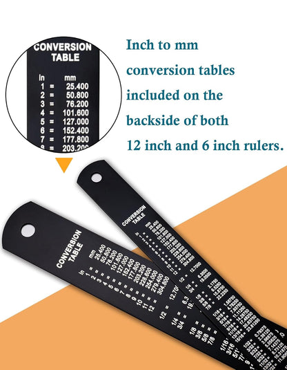 Metal Ruler Kit 12 Inch and 6 Inch, Stainless Steel Rulers with Centimeters, Millimeters, Inches and Conversion Table for Office and School, Easy to Read Metric Rule Set, 2 Pack