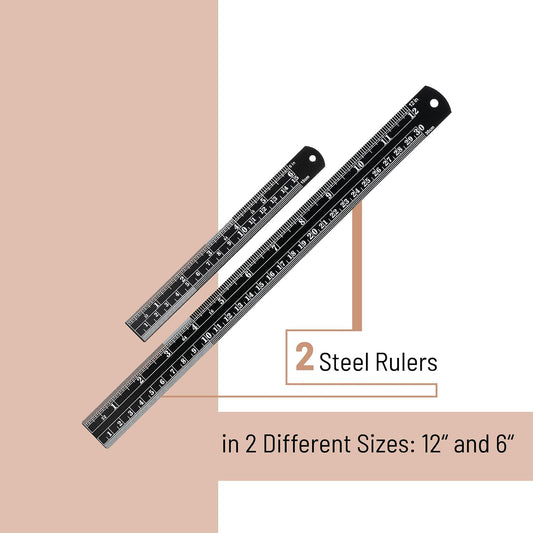 Mr. Pen- Metal Straight Edge Ruler, 2 Pack, 6" and 12", Black