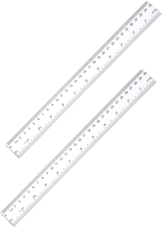 Ruler 12 Inch, 2 Pack Clear Plastic Rulers with Inches and Metric, Shatterproof Transparent Straight Edge for School Office, Easy-to-Read mm cm Markings