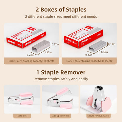 Deli Effortless Desktop Stapler, Heavy Duty Stapler, Pink