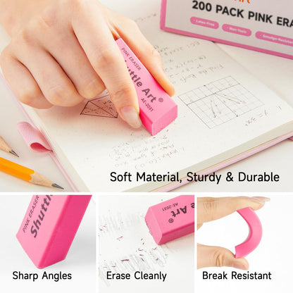 Shuttle Art Pink Erasers, 300 Pack Bulk for School, Office, Latex-Free Soft Erasers for Kids, Teachers as School Supplies