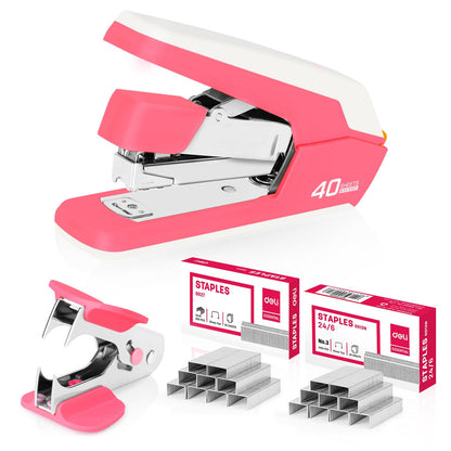 Deli Effortless Desktop Stapler, Heavy Duty Stapler, Pink