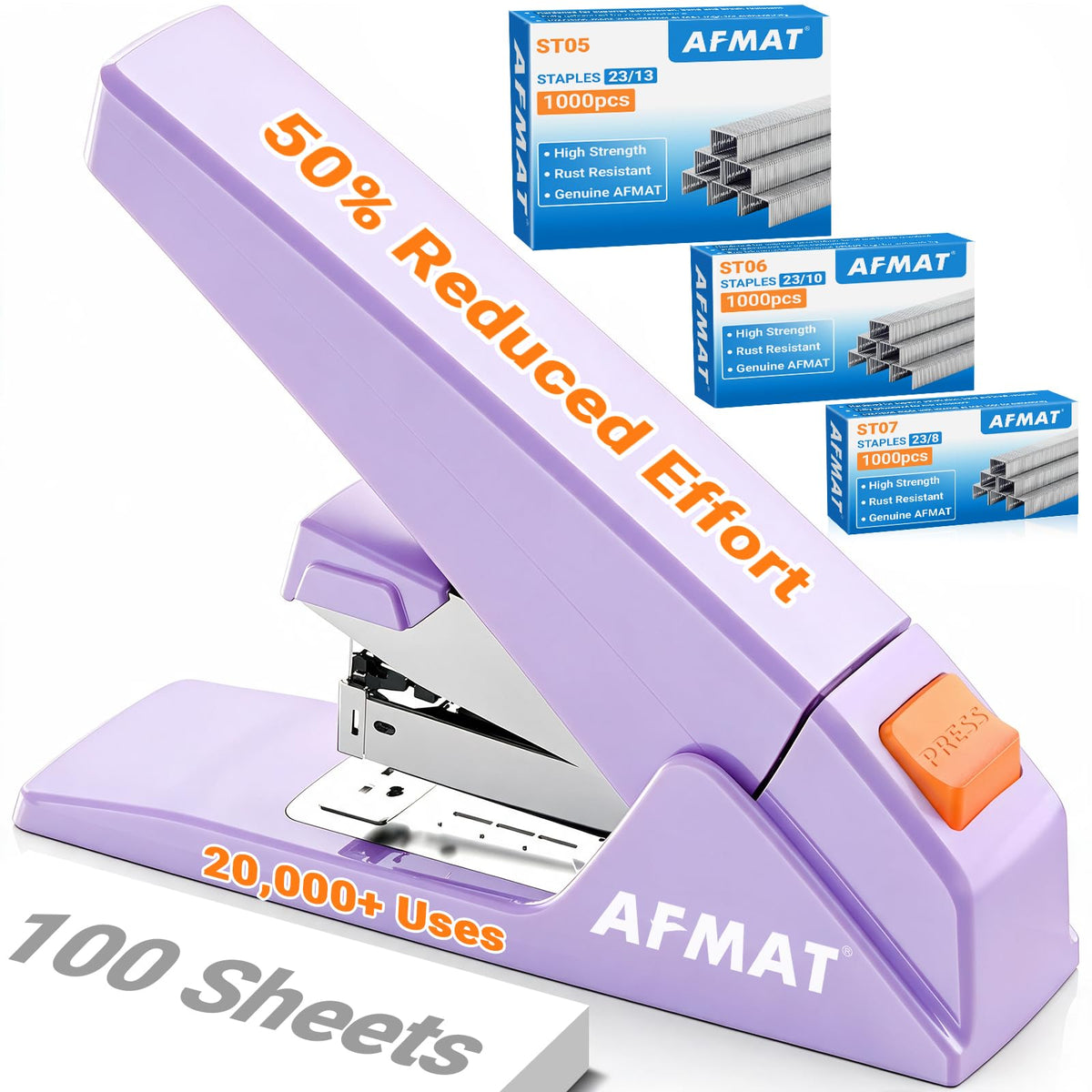 AFMAT ES18 Heavy Duty Stapler-100 Sheet, 50% Less Effort, 20,000+ Uses