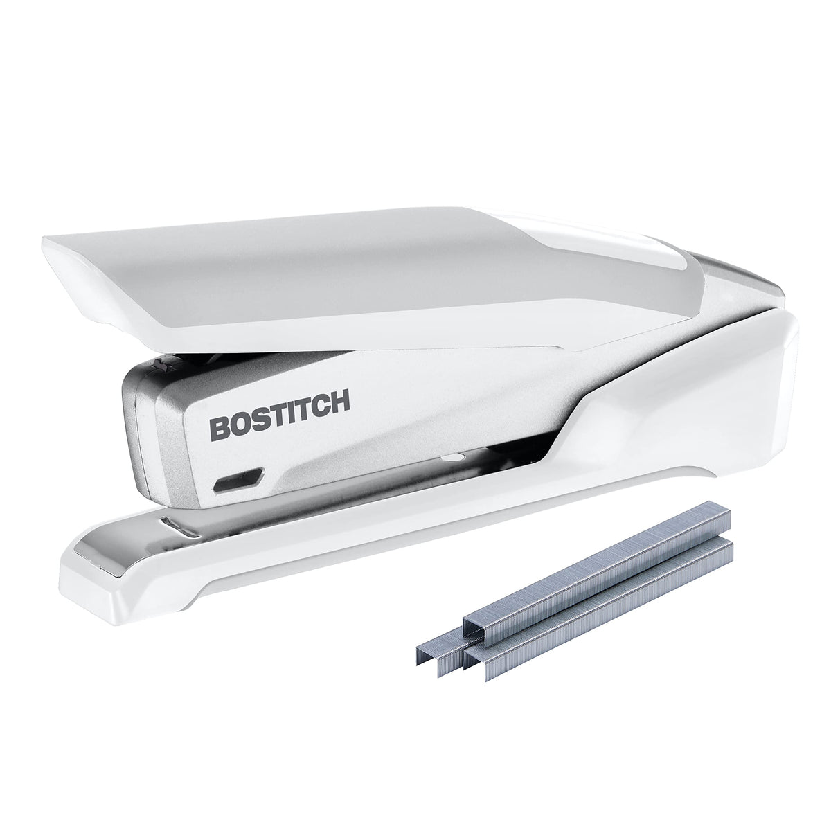 Bostitch Office Executive Metal Desktop Stapler, 3 in 1 Spring Powered Stapler, One Finger, Staple Storage Compartment & Staple Remover, Includes 210 Staples, 28 Sheet Capacity, Black/Gray