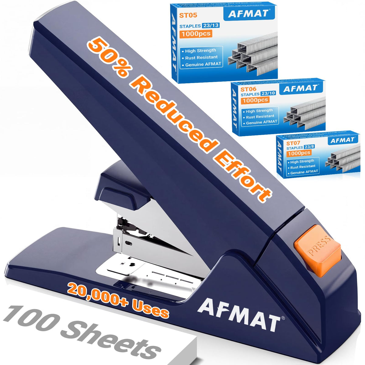 AFMAT ES18 Heavy Duty Stapler-100 Sheet, 50% Less Effort, 20,000+ Uses