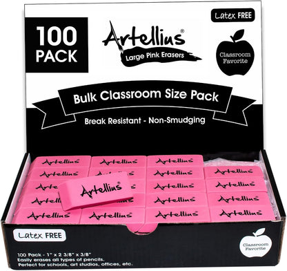 Artellius Pink Erasers | Latex & Smudge Free | Bulk School Supplies | Classrooms, Teachers, Homeschool, Office, Art Class | Large Size (Pack of 100)