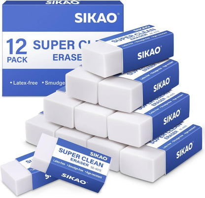 White Erasers, 12 Pack Block Pencil Erasers Super Clean Non-Melting