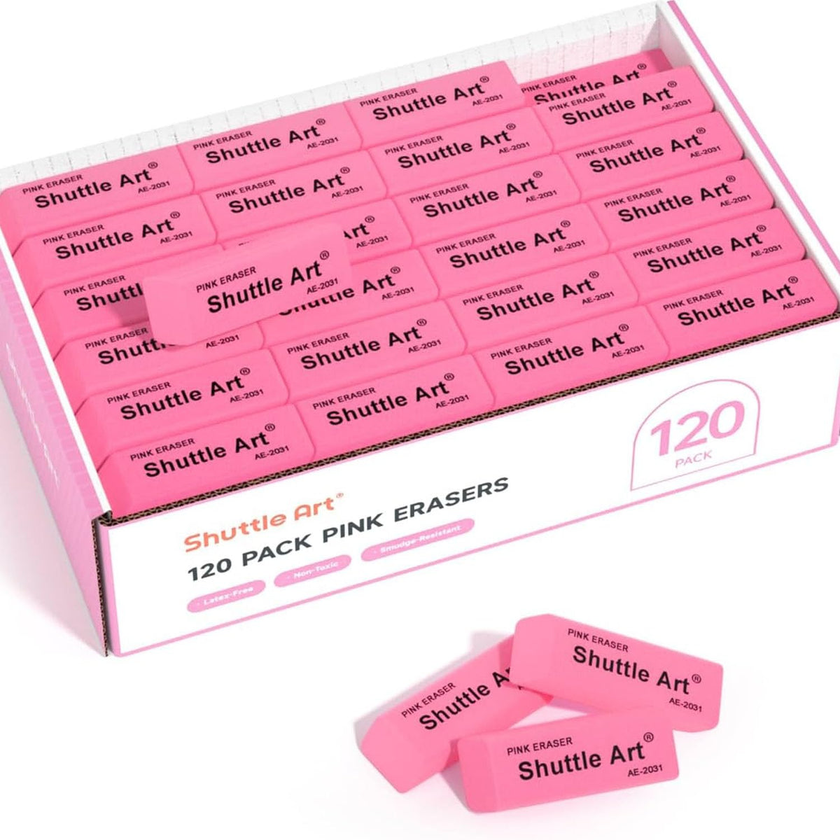 Pink Erasers, Shuttle Art 120 Pack Pink Erasers Bulk for School, Office, Latex-Free Soft Eraser for Kids, Teachers as School Supplies
