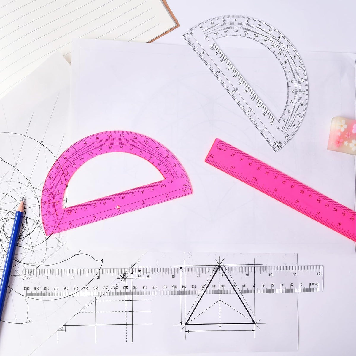 Unjoo 2 Pack 12 inch Clear Ruler and 6 inch Plastic Protractor Set, Clear
