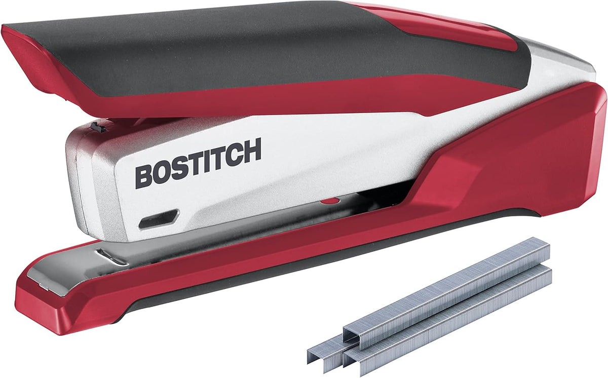 Bostitch Office InPower Spring-Powered Premium Desktop Stapler - One Finger, No Effort, Red/Silver (1117)