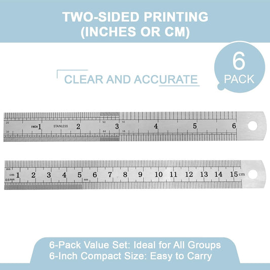 6 Pack Heavy Duty 6 INCH (15 CM) Steel Ruler Set
