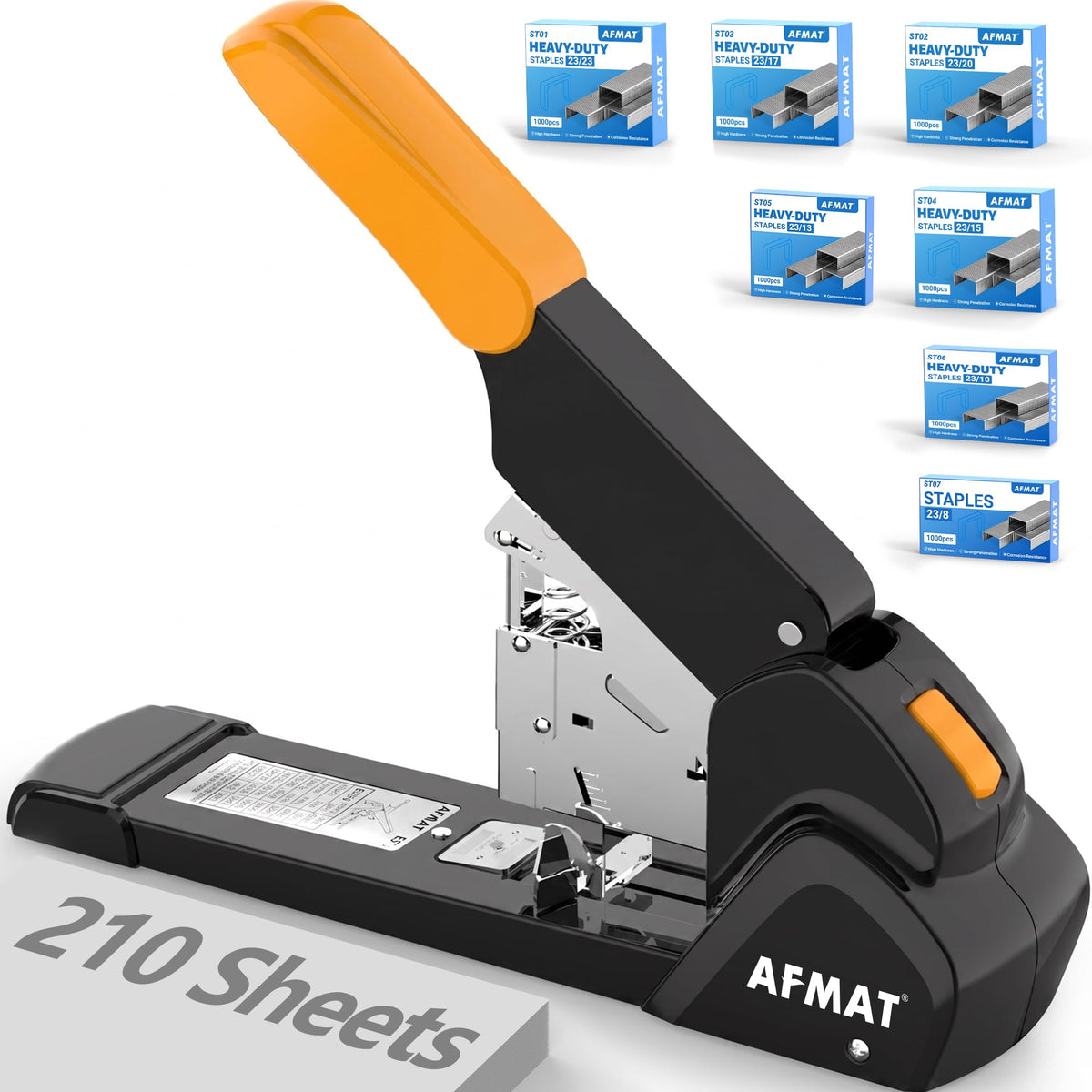 AFMAT ES15 Heavy Duty Stapler, 210 Sheet Staplers for Desk with 7000 Staples, Jam-Free, 50000+ Uses, 60% Reduced Effort, Easy Reload, Adjustable Paper Guide, Large Metal Manual Office Staplers,