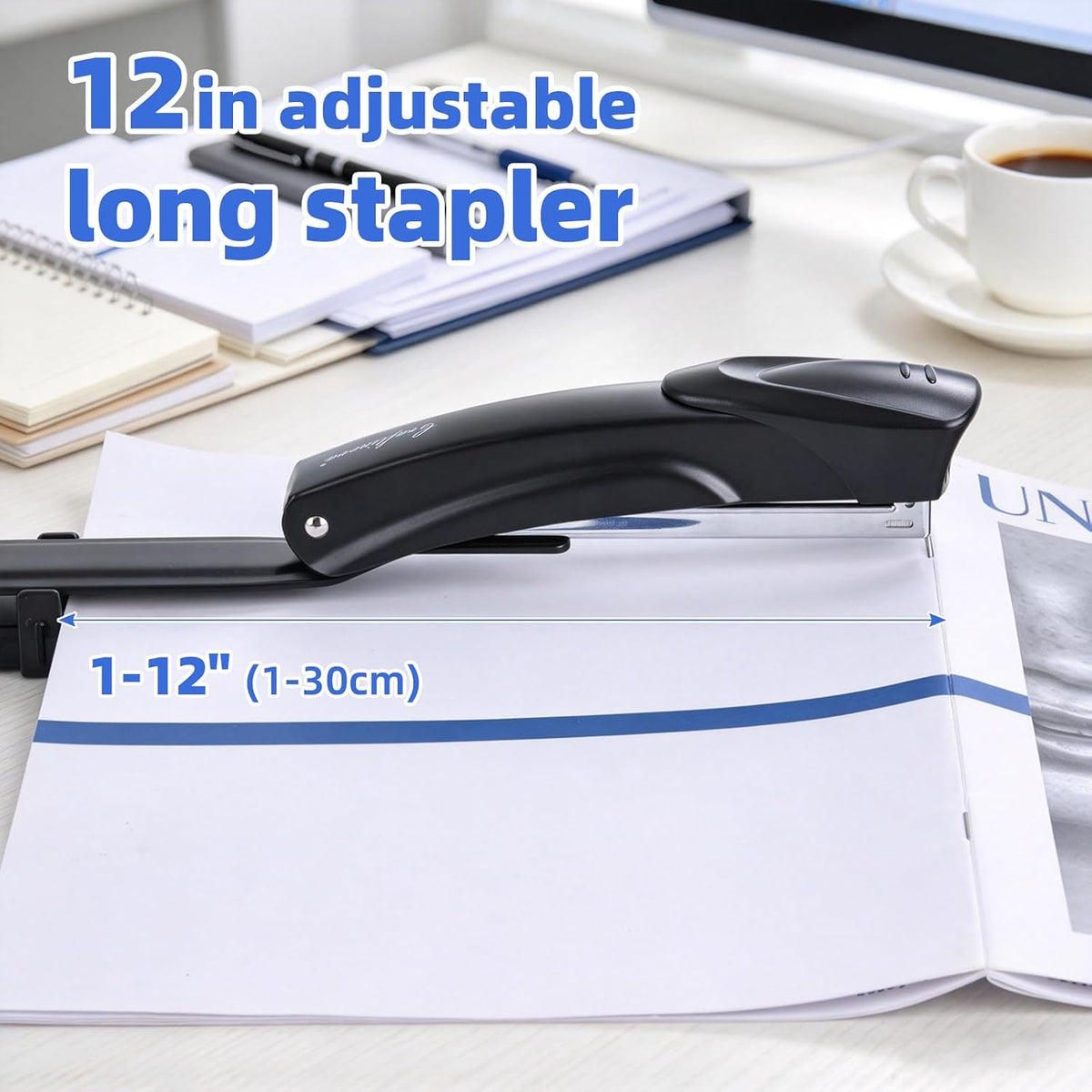 Long Reach Stapler,with 2000 Staples & Stapler Remover Full Strip，20-25 Sheet Capacity,with Built-in Ruler and Adjustable Locking Paper Guide, Gray