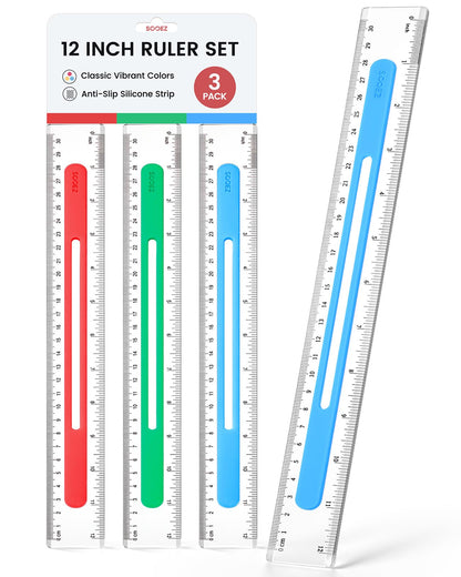 Sooez 3 Pack Ruler 12 Inch, Anti-Slip Clear Rulers for Kids School, Pastels