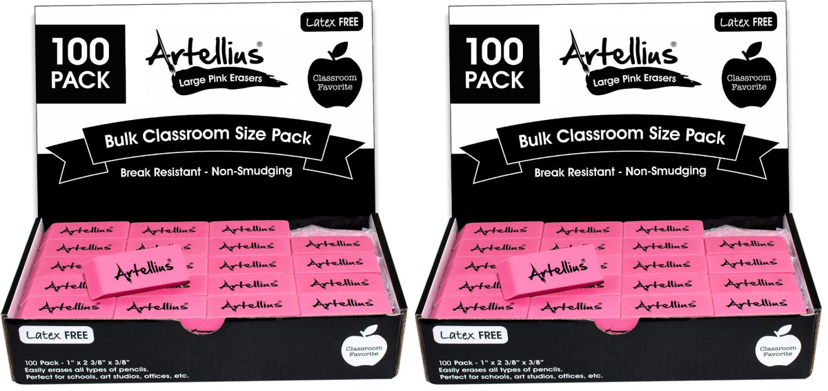 Artellius Pink Erasers | Latex & Smudge Free | Bulk School Supplies | Classrooms, Teachers, Homeschool, Office, Art Class | Large Size (Pack of 100)