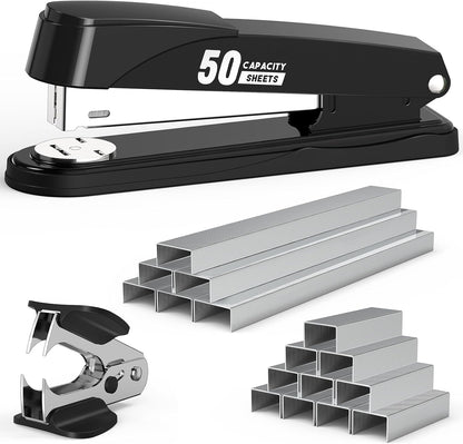 Metal Stapler Heavy Duty 50 Sheet Capacity with 1750 Staples and Staple Remover, Full Strip Staplers for Desk, No Jam, Non-Slip for Office & Classroom, Black