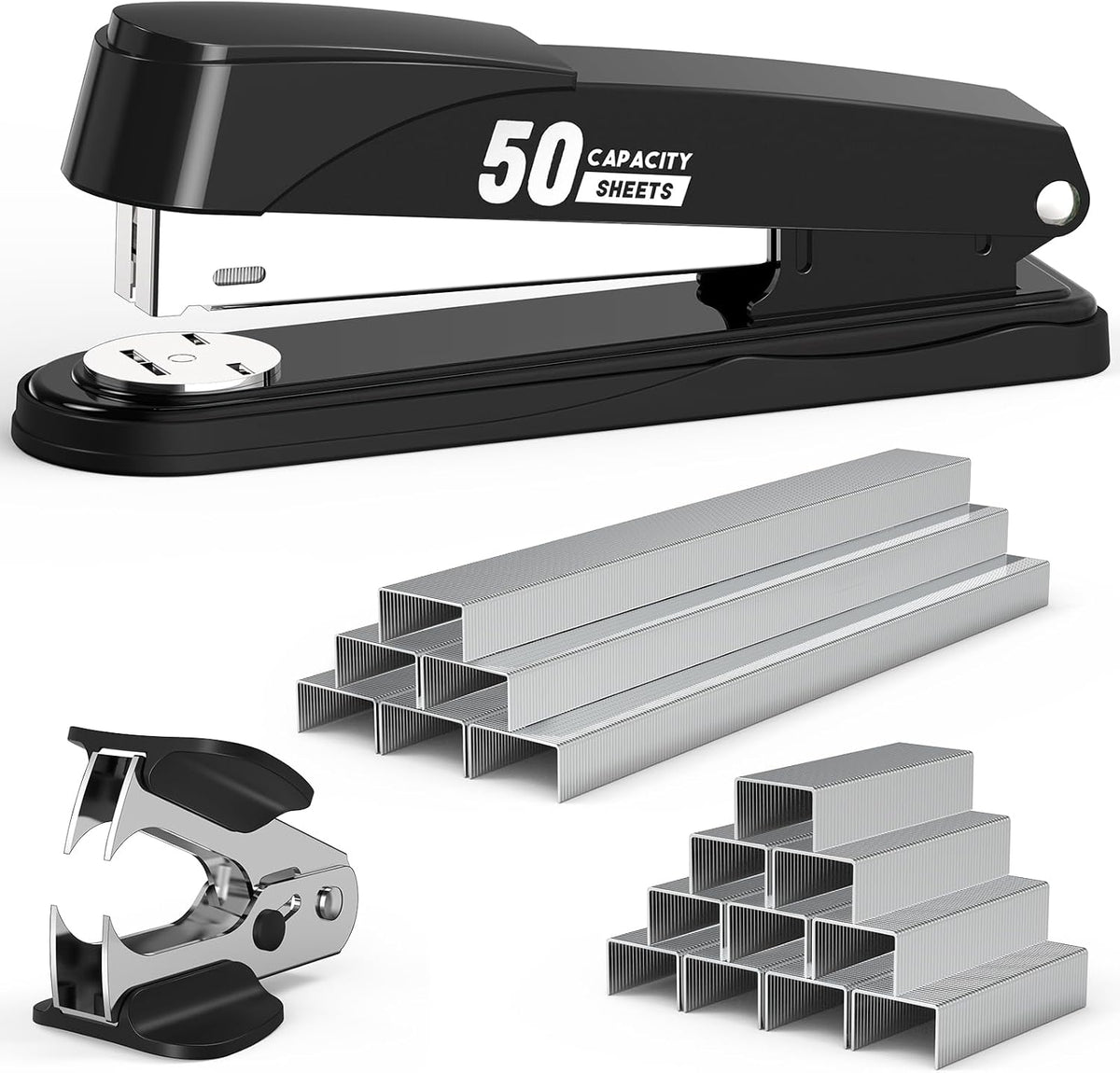 Metal Stapler Heavy Duty 50 Sheet Capacity with 1750 Staples and Staple Remover, Full Strip Staplers for Desk, No Jam, Non-Slip for Office & Classroom, Black