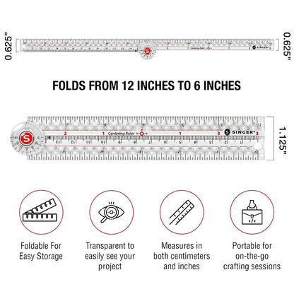 SINGER 12-Inch Folding Ruler with Precision Marking & Zero-Centering for Sewing, Quilting, Crafting & Patternmaking - Clear Metric Ruler - 15 Increment Quick Angle Ruler, Folds to 6”