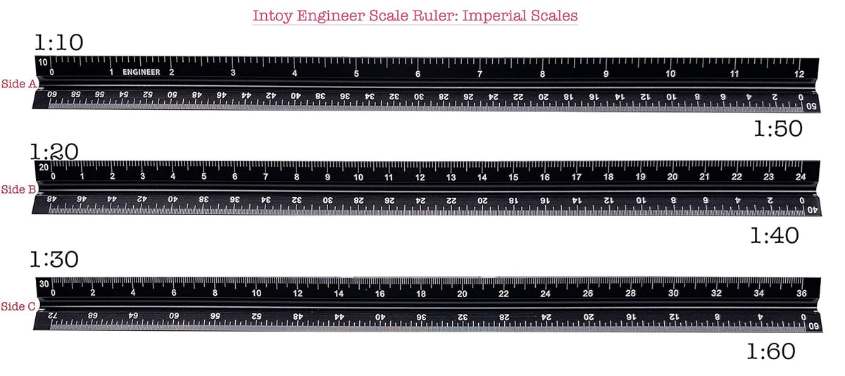 12 Inch Engineer Scale Ruler, Engineering Scale with Anodized Solid Aluminum Core, Laser Etched Scales, Imperial Scale - 1:10, 1:20, 1:30, 1:40, 1:50, 1:60, 12" Drafting Measuring Ruler
