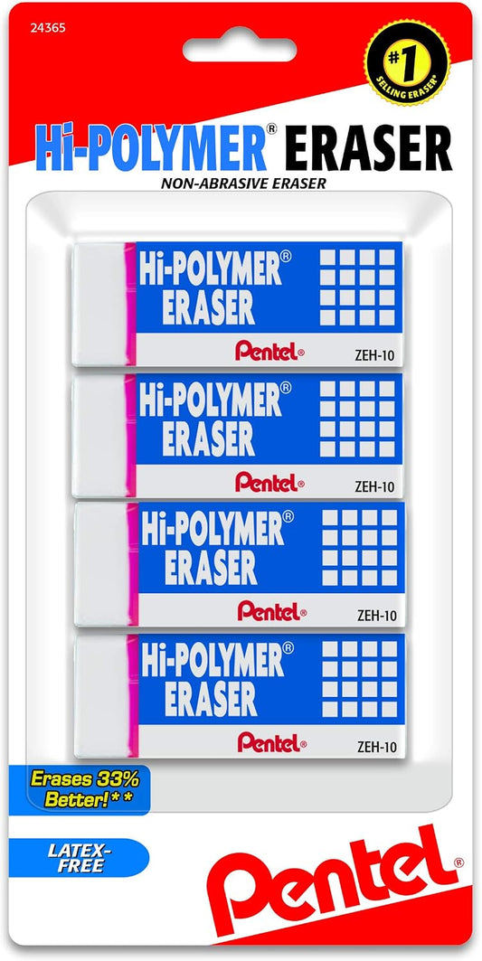 Pentel Hi-Polymer Block Eraser, Large, White, Pack of 4 (ZEH10BP4)
