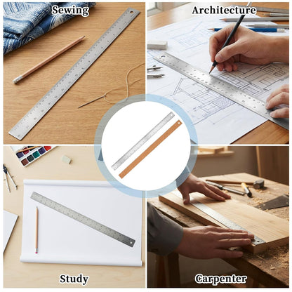 Metal Ruler 18 Inch - Stainless Steel Metal Ruler with Cork Backing Non-Slip Rulers with Inch and Centimeters Prevent Ink Leakage for School Office Drawing Engineering Tools