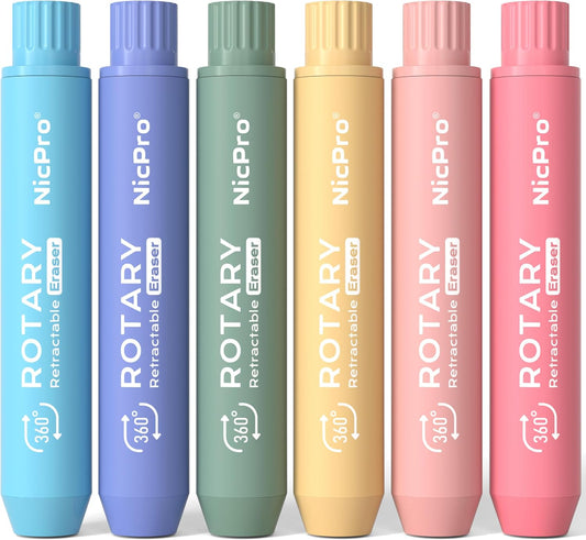 Nicpro 6 Pack Rotary Retractable Erasers, Soft TPE Twist Eraser-Rainbow