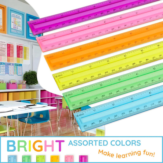 Blue Summit Supplies 30 Plastic Rulers Bulk for Classroom, Bulk Ruler 12 Inch for School, Home, or Office, Metric and Imperial, Clear Plastic Rulers 12 Inch, Assorted Colors